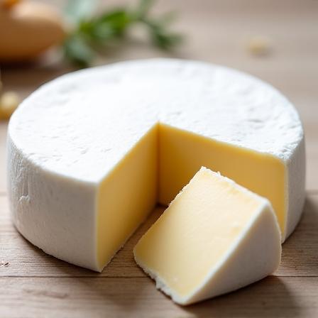 Ein runder Almenland Weichkäse mit angeschnittenem Stück.