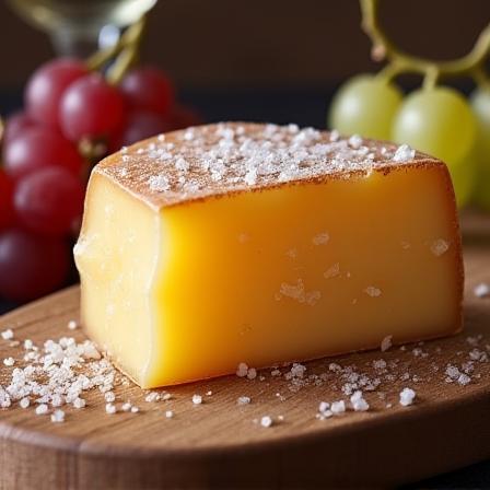 Ein Stück Steirischer Bergkristall Käse auf einem Holzbrett.