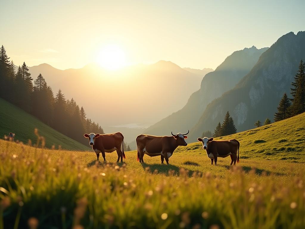 Sonnige Alpenlandschaft mit grasenden Kühen
