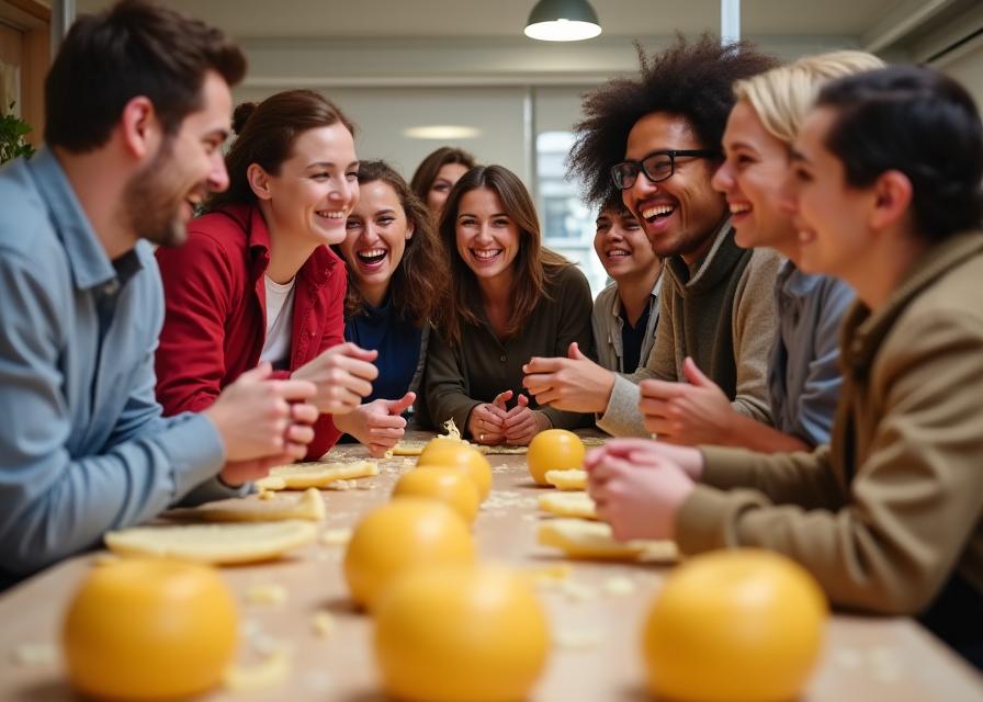 Eine Gruppe von Leuten lacht während eines Käse-Workshops.